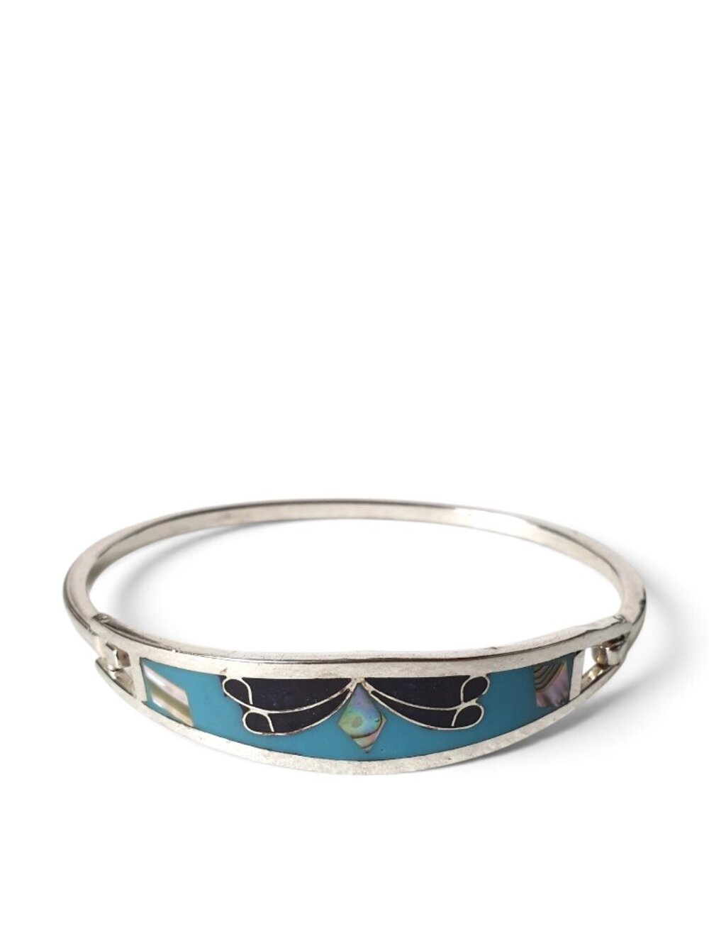 Vintage Taxco Mexican Alpaca Silver Abalone Butterfly Inlay Hinged Bracelet